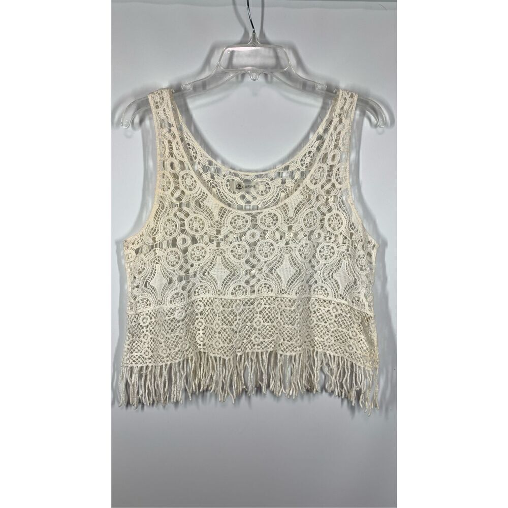 Cupshe Women's Sleeveless Fringe Open Knit Crochet Tank Top White Size Medium